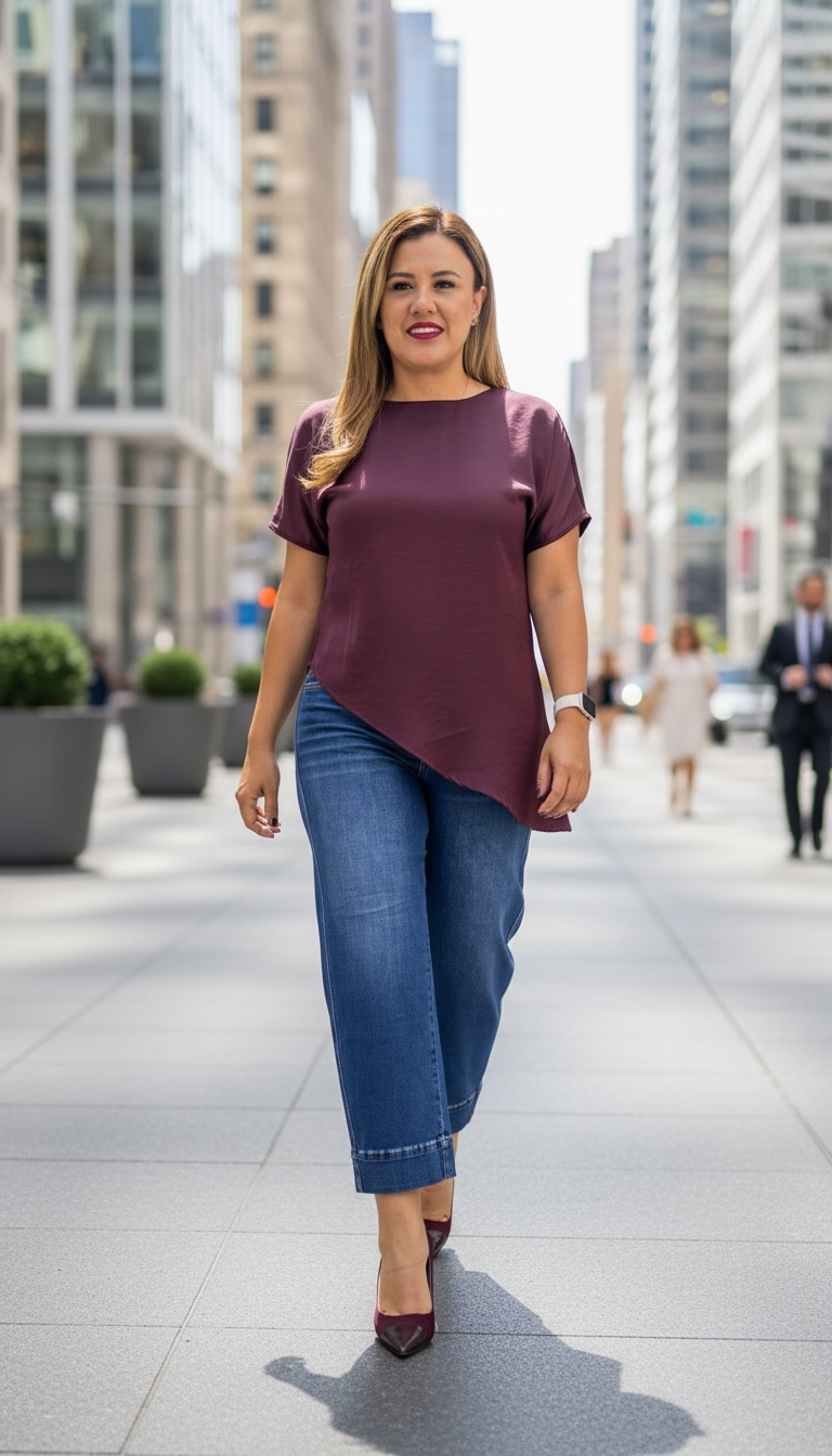Blusa Color Uva Satinada de Manga Corta Amplia de Corte Asimétrico
